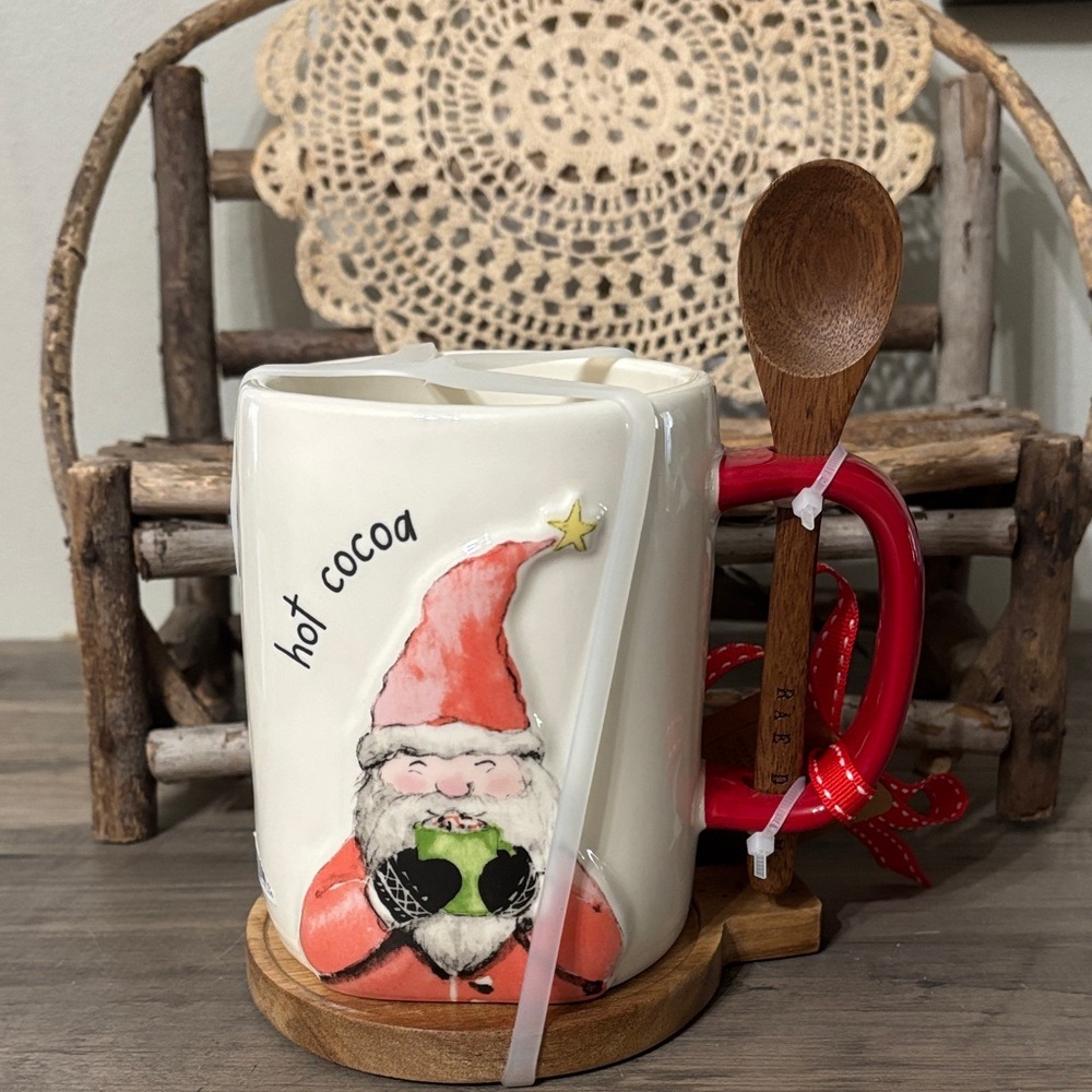 NEW! Rae Dunn HOT COCOA Santa Christmas Mug with Wooden Spoon AND Coaster